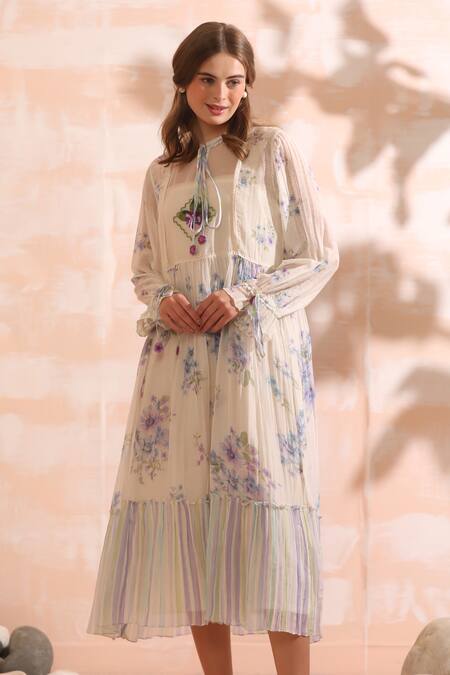 Dhaari_Blue Handloom Cotton Embroidery Round Neck Floral Hand Midi Dress _Online_at_Aza_Fashions