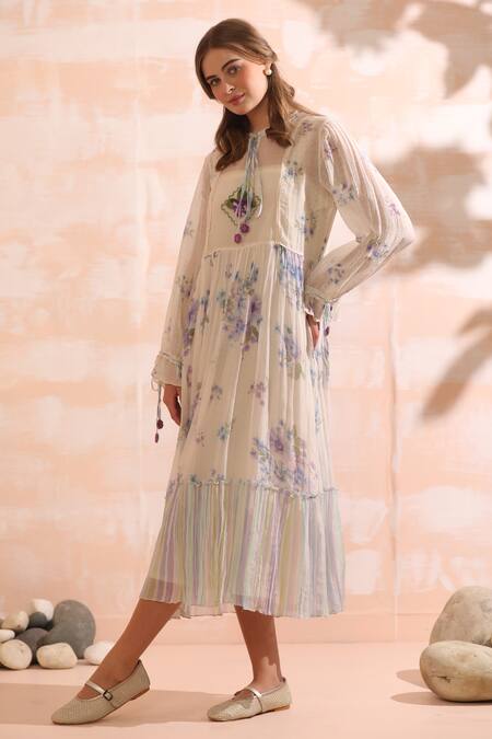 Buy_Dhaari_Blue Handloom Cotton Embroidery Round Neck Floral Hand Midi Dress _Online_at_Aza_Fashions