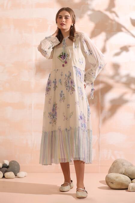 Shop_Dhaari_Blue Handloom Cotton Embroidery Round Neck Floral Hand Midi Dress _Online_at_Aza_Fashions