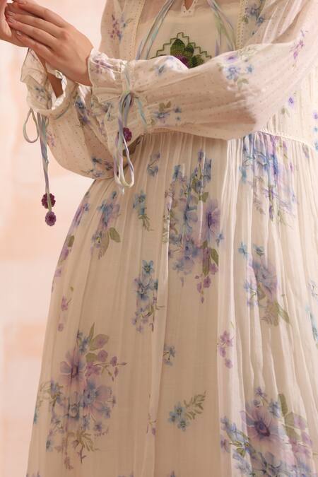 Dhaari_Blue Handloom Cotton Embroidery Round Neck Floral Hand Midi Dress _at_Aza_Fashions