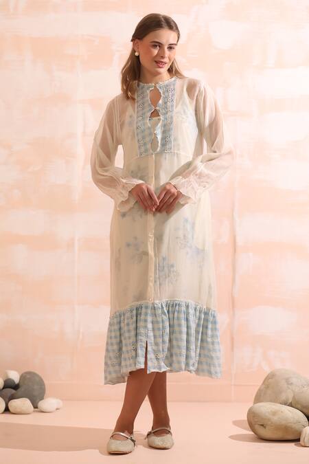 Dhaari_Blue Handloom Cotton Embroidery Keyhole Neck Hand Painted Midi Dress _Online_at_Aza_Fashions