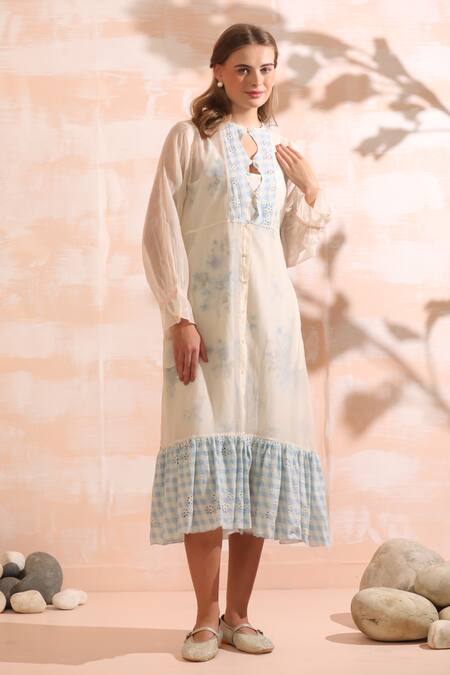 Buy_Dhaari_Blue Handloom Cotton Embroidery Keyhole Neck Hand Painted Midi Dress _Online_at_Aza_Fashions