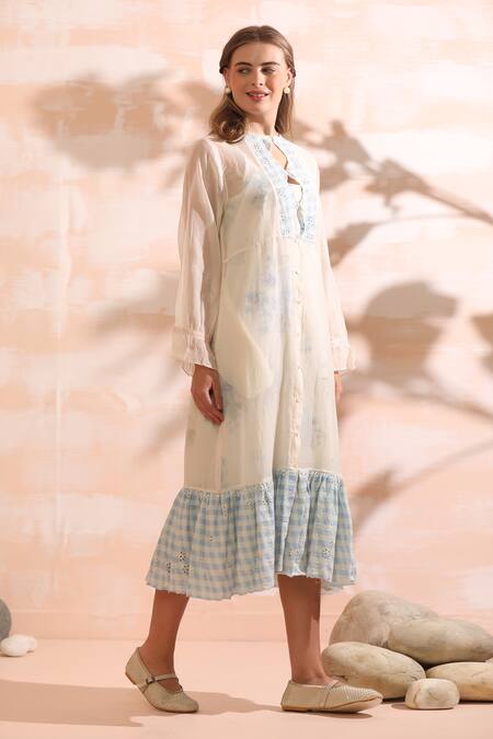 Shop_Dhaari_Blue Handloom Cotton Embroidery Keyhole Neck Hand Painted Midi Dress _Online_at_Aza_Fashions