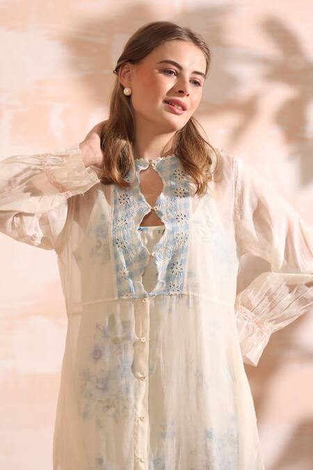 Buy_Dhaari_Blue Handloom Cotton Embroidery Keyhole Neck Hand Painted Midi Dress 