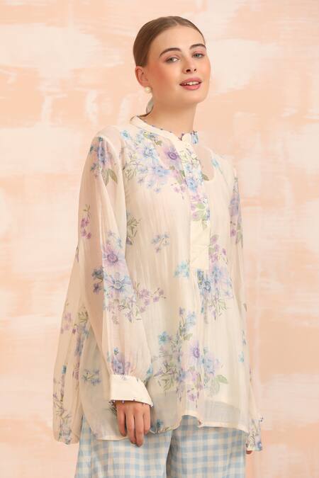 Dhaari_Blue Handloom Cotton Round Neck Floral Hand Painted Top And Slip Set _Online_at_Aza_Fashions