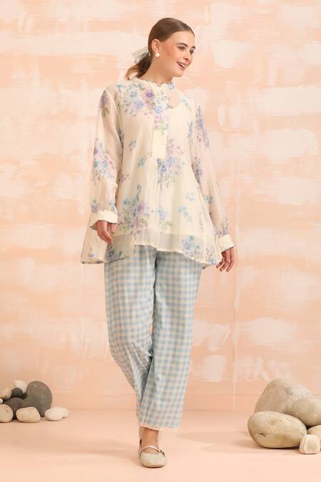 Buy_Dhaari_Blue Handloom Cotton Round Neck Floral Hand Painted Top And Slip Set _Online_at_Aza_Fashions