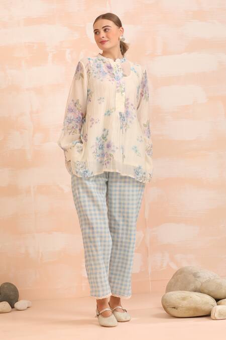 Shop_Dhaari_Blue Handloom Cotton Round Neck Floral Hand Painted Top And Slip Set _Online_at_Aza_Fashions