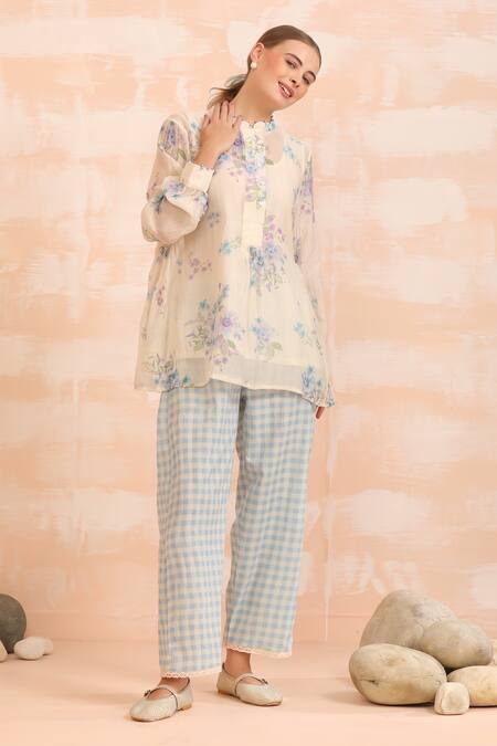 Dhaari_Blue Handloom Cotton Round Neck Floral Hand Painted Top And Slip Set _at_Aza_Fashions