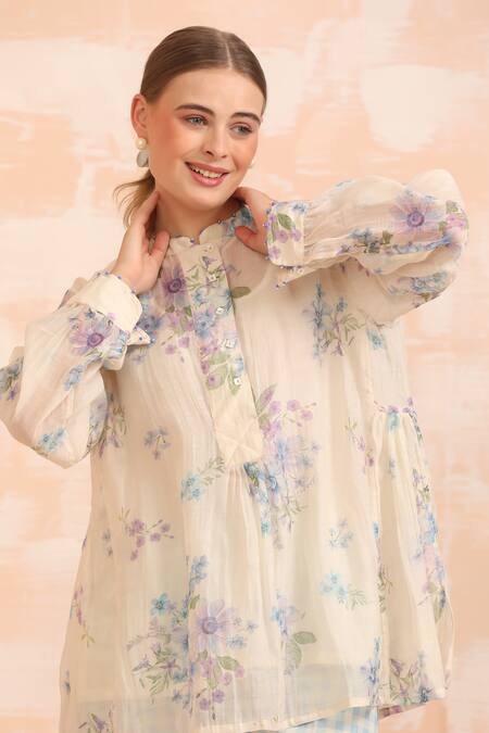 Buy_Dhaari_Blue Handloom Cotton Round Neck Floral Hand Painted Top And Slip Set 