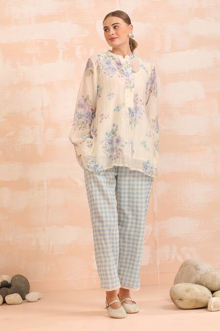 Dhaari_Cream Handloom , Silk, Embroidery Floral Hand Painted Pant Set _Online_at_Aza_Fashions