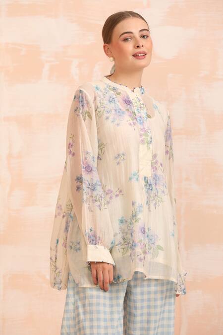 Buy_Dhaari_Cream Handloom , Silk, Embroidery Floral Hand Painted Pant Set _Online_at_Aza_Fashions