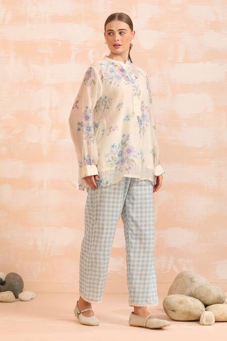 Shop_Dhaari_Cream Handloom , Silk, Embroidery Floral Hand Painted Pant Set _Online_at_Aza_Fashions