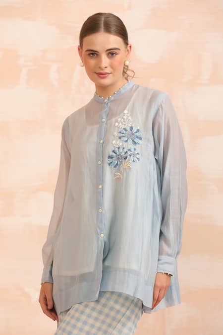 Dhaari_Blue Handloom Cotton, Silk Embroidery Round Neck Hand Leafage Top Set _Online_at_Aza_Fashions