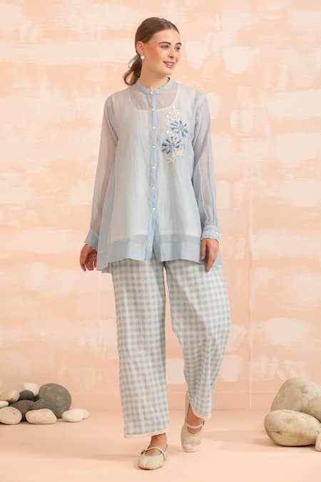 Buy_Dhaari_Blue Handloom Cotton, Silk Embroidery Round Neck Hand Leafage Top Set _Online_at_Aza_Fashions