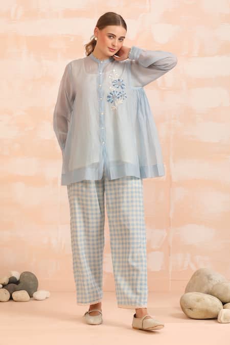 Shop_Dhaari_Blue Handloom Cotton, Silk Embroidery Round Neck Hand Leafage Top Set _Online_at_Aza_Fashions