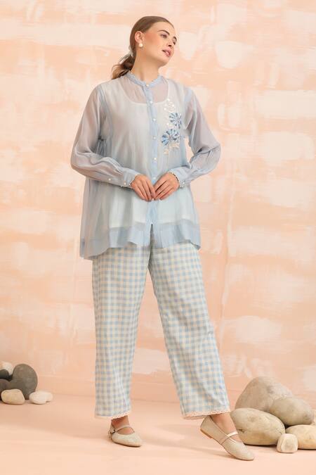 Dhaari_Blue Handloom Cotton, Silk Embroidery Round Neck Hand Leafage Top Set _at_Aza_Fashions