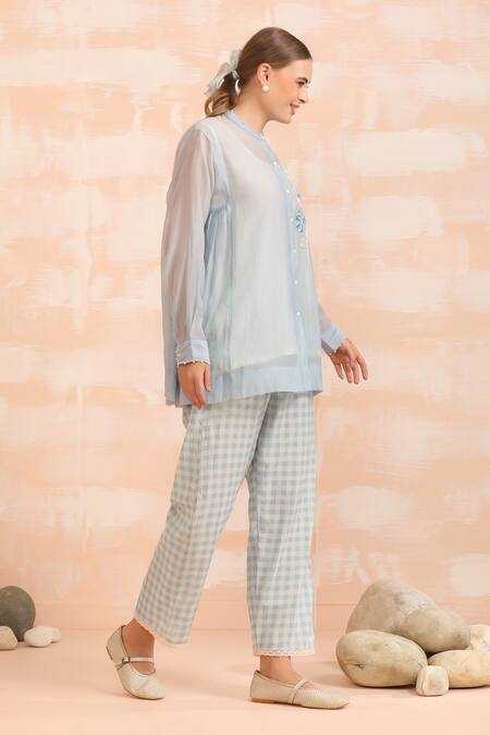 Buy_Dhaari_Blue Handloom Cotton, Silk Embroidery Round Neck Hand Leafage Top Set 