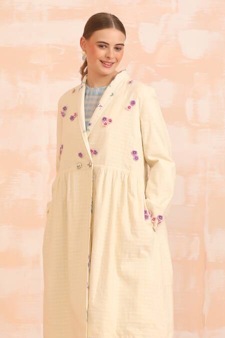 Dhaari_Beige Handloom Cotton Embroidery Open Neck Hand Painted Silk Jacket _Online_at_Aza_Fashions