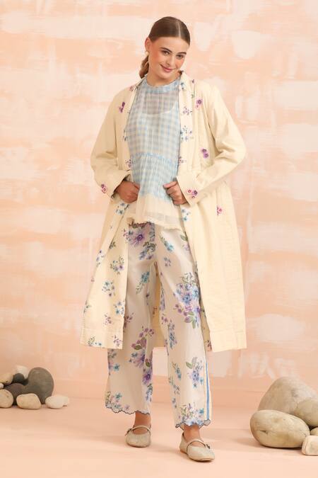 Shop_Dhaari_Beige Handloom Cotton Embroidery Open Neck Hand Painted Silk Jacket _Online_at_Aza_Fashions