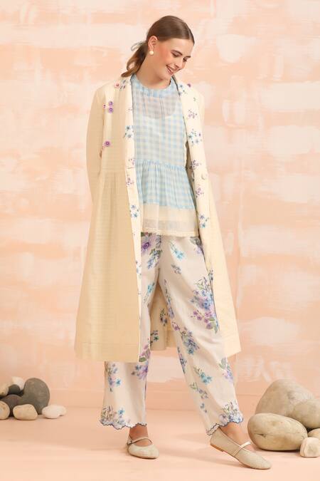 Dhaari_Beige Handloom Cotton Embroidery Open Neck Hand Painted Silk Jacket _at_Aza_Fashions