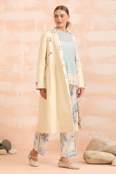 Buy_Dhaari_Beige Handloom Cotton Embroidery Open Neck Hand Painted Silk Jacket 