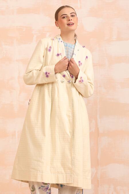 Dhaari_Blue Handloom Cotton Embroidery Round Neck Prairie Outfit With Floral _Online_at_Aza_Fashions
