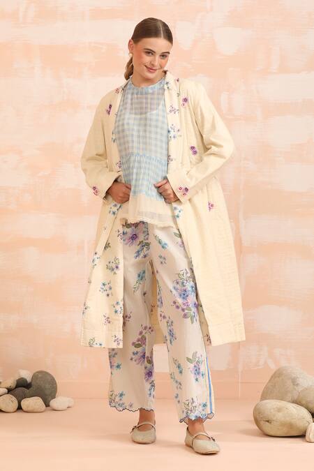 Shop_Dhaari_Blue Handloom Cotton Embroidery Round Neck Prairie Outfit With Floral _Online_at_Aza_Fashions