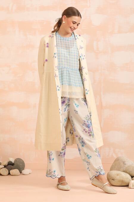 Dhaari_Blue Handloom Cotton Embroidery Round Neck Prairie Outfit With Floral _at_Aza_Fashions