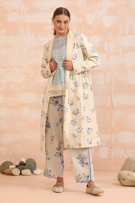 Shop_Dhaari_Blue Handloom Cotton Embroidery Round Neck Prairie Outfit With Floral 