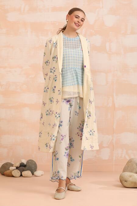 Dhaari_Beige Handloom , Embroidery Round Hand Painted Blue Prairie Outfit _at_Aza_Fashions