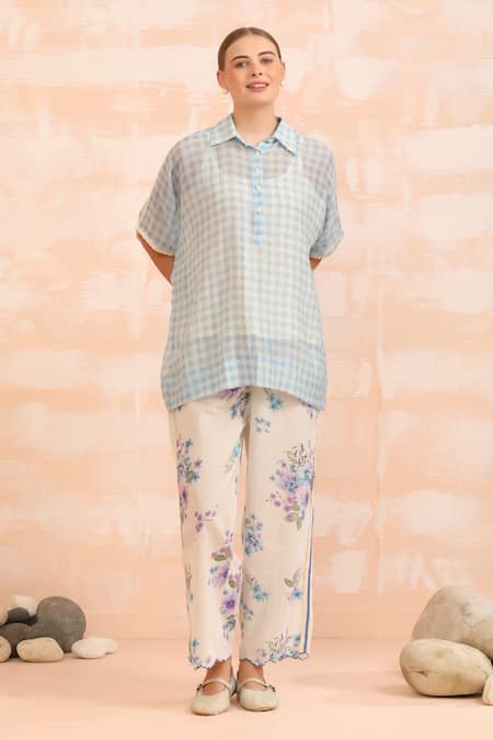 Dhaari_Blue Handloom Cotton, Silk Collared Hand Painted Top _Online_at_Aza_Fashions