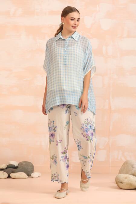 Buy_Dhaari_Blue Handloom Cotton, Silk Collared Hand Painted Top _Online_at_Aza_Fashions