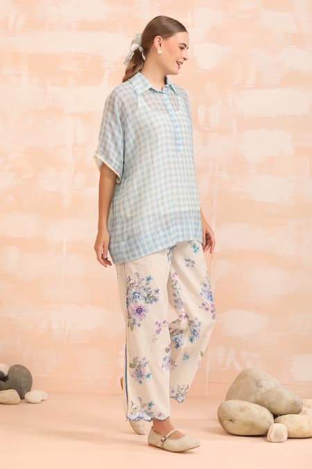 Shop_Dhaari_Blue Handloom Cotton, Silk Collared Hand Painted Top _Online_at_Aza_Fashions