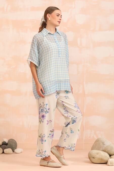 Buy_Dhaari_Blue Handloom Cotton, Silk Collared Hand Painted Top 