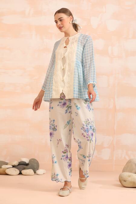 Dhaari_Blue Handloom Cotton Embroidery Button-down Hand Painted Top With Inner Slip _Online_at_Aza_Fashions