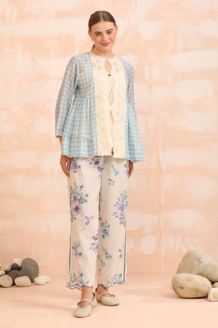 Buy_Dhaari_Blue Handloom Cotton Embroidery Button-down Hand Painted Top With Inner Slip _Online_at_Aza_Fashions