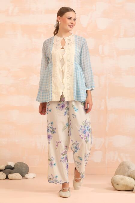 Shop_Dhaari_Blue Handloom Cotton Embroidery Button-down Hand Painted Top With Inner Slip _Online_at_Aza_Fashions