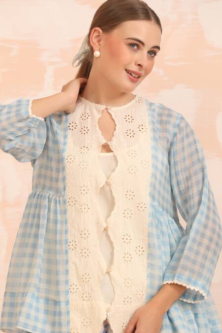 Dhaari_Blue Handloom Cotton Embroidery Button-down Hand Painted Top With Inner Slip _at_Aza_Fashions