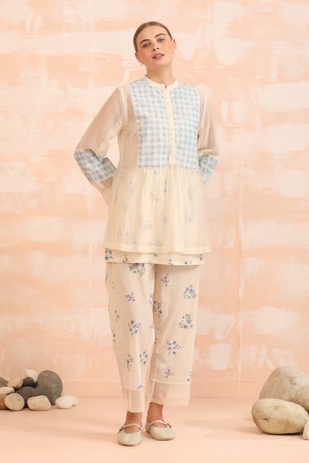 Dhaari_Blue Handloom Cotton, Silk Embroidery Round Neck Hand Painted Tunic Set _Online_at_Aza_Fashions