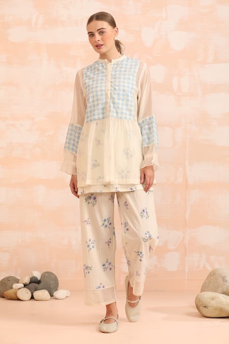 Buy_Dhaari_Blue Handloom Cotton, Silk Embroidery Round Neck Hand Painted Tunic Set _Online_at_Aza_Fashions