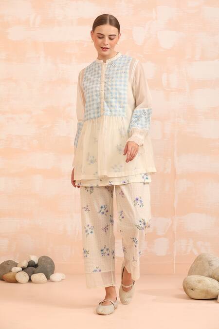 Shop_Dhaari_Blue Handloom Cotton, Silk Embroidery Round Neck Hand Painted Tunic Set _Online_at_Aza_Fashions