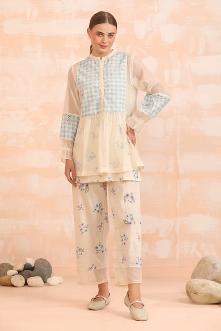 Dhaari_Blue Handloom Cotton, Silk Embroidery Round Neck Hand Painted Tunic Set _at_Aza_Fashions