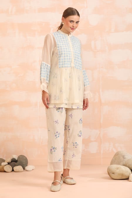 Dhaari_Blue Handloom Cotton Embroidery Round Neck Hand Painted Silk Pant Set _Online_at_Aza_Fashions