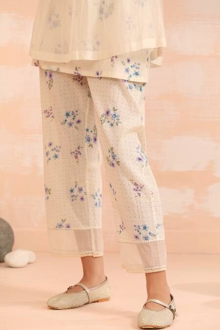 Buy_Dhaari_Blue Handloom Cotton Embroidery Round Neck Hand Painted Silk Pant Set _Online_at_Aza_Fashions