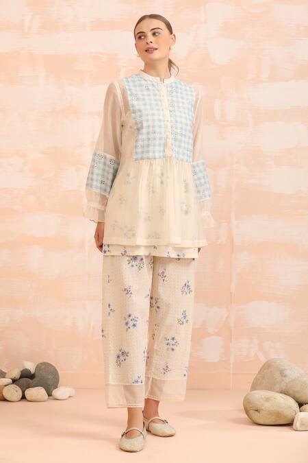 Shop_Dhaari_Blue Handloom Cotton Embroidery Round Neck Hand Painted Silk Pant Set _Online_at_Aza_Fashions