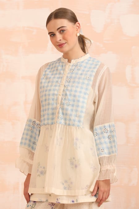 Dhaari_Blue Handloom Cotton Embroidery Round Neck Hand Painted Silk Pant Set _at_Aza_Fashions