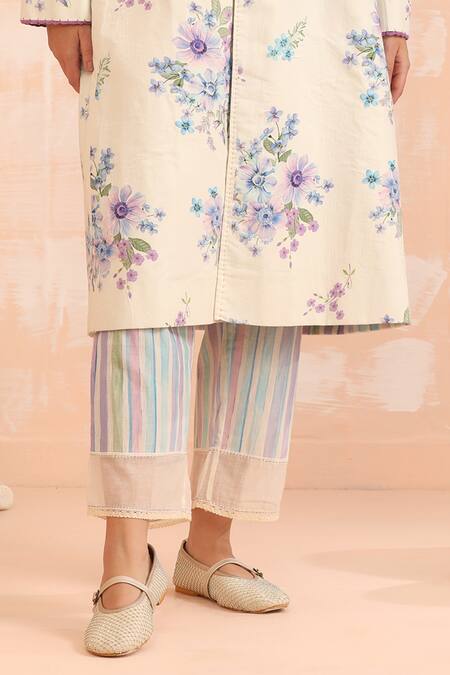 Dhaari_Blue Handloom Cotton, Silk Collared Striped Handwoven Jacket Pant Set _Online_at_Aza_Fashions