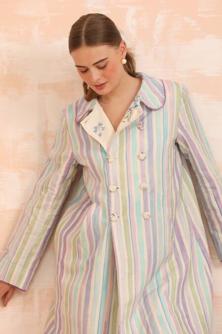 Buy_Dhaari_Blue Handloom Cotton, Silk Collared Striped Handwoven Jacket Pant Set _Online_at_Aza_Fashions