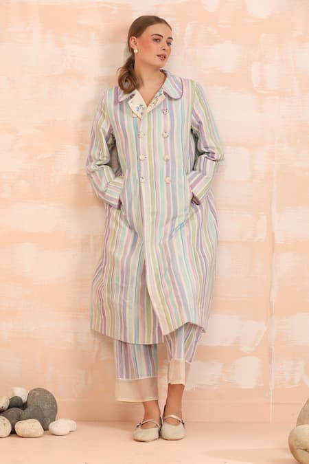 Shop_Dhaari_Blue Handloom Cotton, Silk Collared Striped Handwoven Jacket Pant Set _Online_at_Aza_Fashions