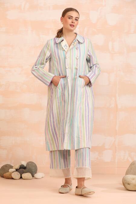 Dhaari_Blue Handloom Cotton, Silk Collared Striped Handwoven Jacket Pant Set _at_Aza_Fashions